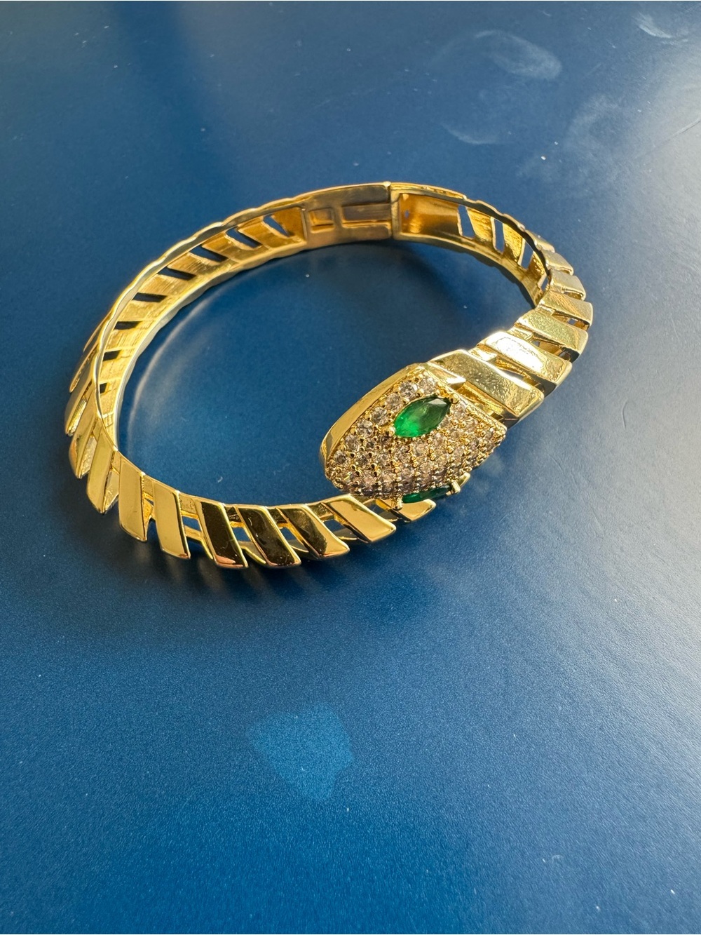 Gold Snake-Head Bangle Bracelet with Green Stone